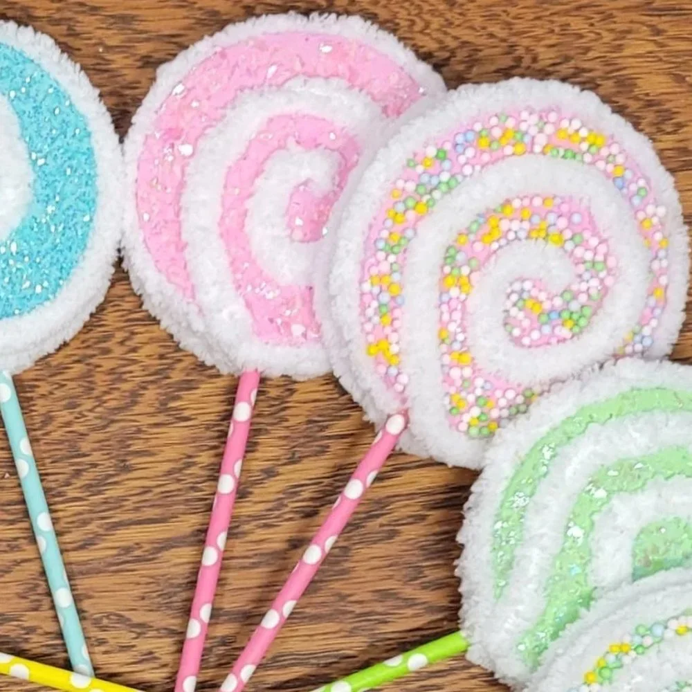 Decorative Yarn Lollipops w/ Glitter/Mini Styrofoam Balls in Pastels - Lt Pink
